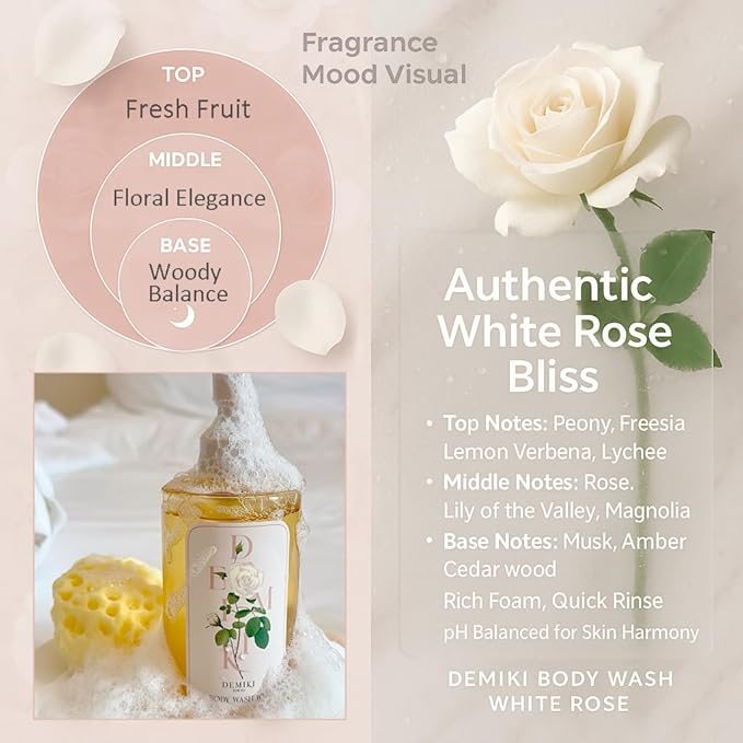 DEMIKI Hydrating Body Wash for Sensitive &amp Dry Skin White Rose Scent Nourishing Shower Oil for Women Winter Moisture Care Sulfate-Free Paraben-Free Dye-Free 10 fl oz