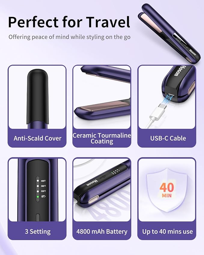 Hoson Cordless Hair StraightenerPortable Mini Flat Iron Travel for BangsShort Hair Rechargeable Curling Iron and Curler 2 in 1Purplefor Touch Ups