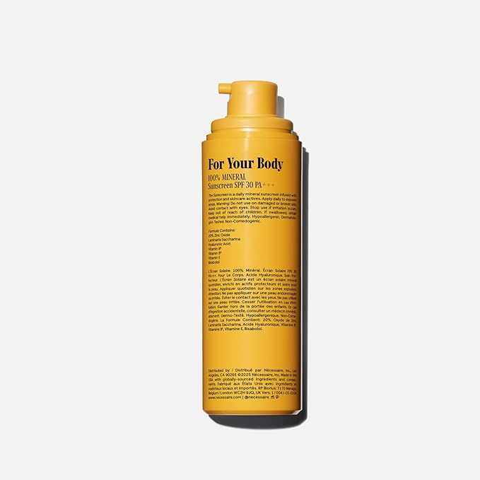 Nécessaire The Mineral Sunscreen SPF 30 PA+++. For The Body. Broad Spectrum. Zinc Oxide Hyaluronic Acid Niacinamide. Hydrate. Protect Against Sun Damage + Premature Aging. Dermatologist-Tested 5.1oz