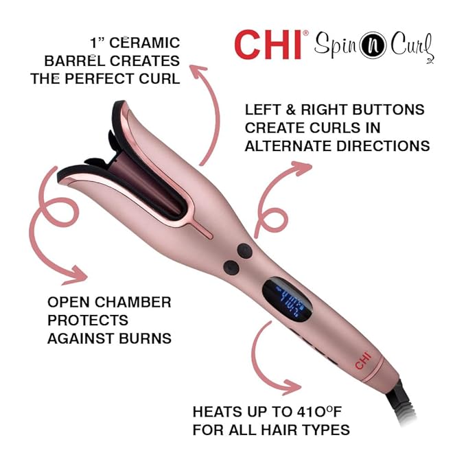 CHI Spin N Curl 1″ Ceramic Rotating Curling Iron Adjustable Preset Heat Settings for All Hair Types Salon-Quality Curls &amp Waves Auto Shut-Off Tangle Protection Rose Gold