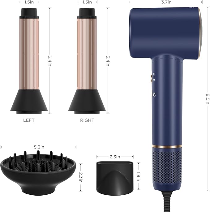 PARWIN PRO BEAUTY Air-Sonic Hair Dryer with Diffuser HD-LED Display &amp 110 000 RPM High Speed Ionic Blow Dryer 1 1/4 Inch Left &amp Right Air Auto-Wrap Curlers Prussian Blue Professional Versi