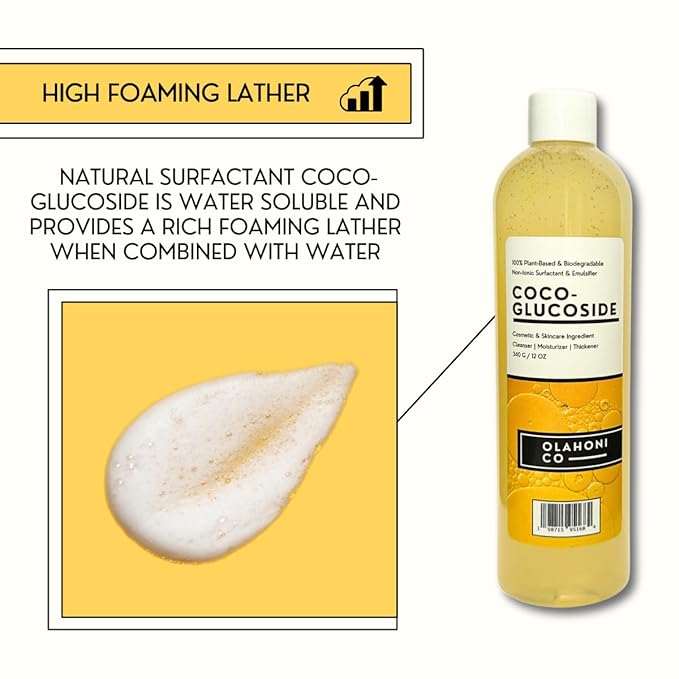 Coco-Glucoside Surfactant 12 Oz - Concentrated Natural Foaming Cleanser - Plant Derived - For Formulations and DIY Skin Care - For Shower Gels Body Soap Shampoos Face Cleansers