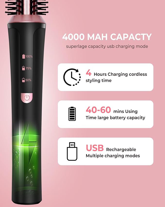 Cordless Curling Brush4000 mAh USB Cordless Hair Curler with 3 Temp Setting Mini Travel Curling Iron Rechargeable Ceramic Battery Powered Curling Iron
