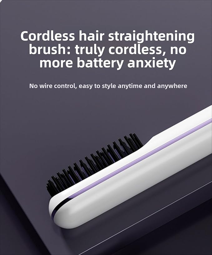 2026 Upgraded Wireless Straight Hair Brush for Short Hair 30s Fast Heating Straightener 3 Temp Settings 2500mAh USB-C Rechargeable Anti-Frizz Styling Tool - White