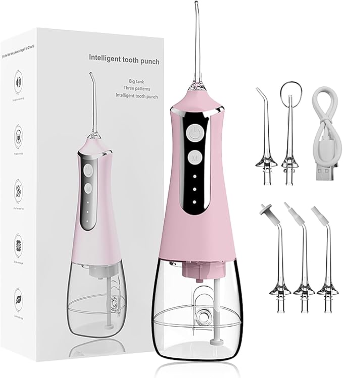 Portable Rechargeable Water Flosser Ipx7 Water Resistant 300Ml Water Scrubber Dentist with 3 Modes 5 Nozzles Dentistry for Traveling at Home (Color : Pink)