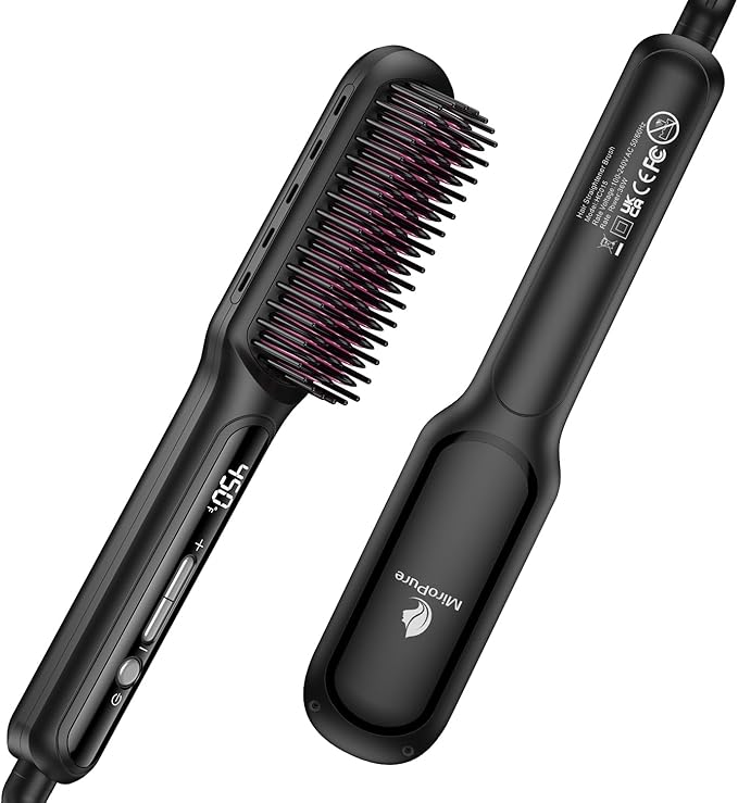 MiroPure Hair Straightener Brush with Plasma Technique Ceramic Straightening Brush with 16 Temp Settings 30s Fast Heating Hair Straightener Comb for Women with LED Display &amp Dual Voltage Black