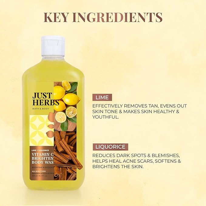 Vitamin C Brightening Body Wash with Lime and Liquorice for Men &amp Women | Hydrates Skin Reduces Hyperpigmentation &amp Maintains pH Level | Suits All Skin Types- 300 ml