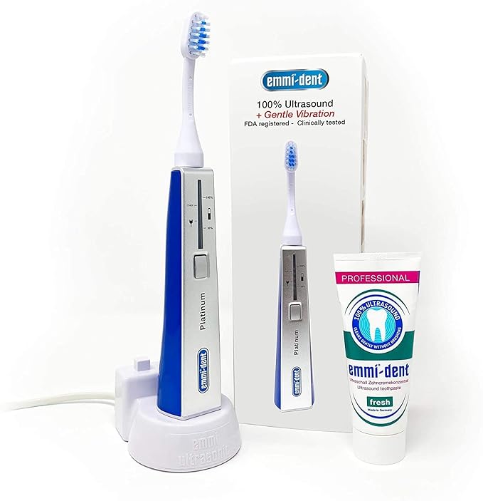 Emmi-dent Electric Ultrasonic Toothbrush Set with Gentle 100% Ultrasound Cleaning Technology. Ideal for Sensitive Teeth &amp Gums Plaque Removal and More! Includes Nano-Bubble Toothpaste. Rechargeab