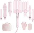 Curling Iron Set 7-in-1 Curling Wand Set with 7 Interchangeable Barrels Included A Heated Round Brush 3 Hair Crimper Ceramic Coating Protect Hair with Gift Package (0.6-1.25) Pink