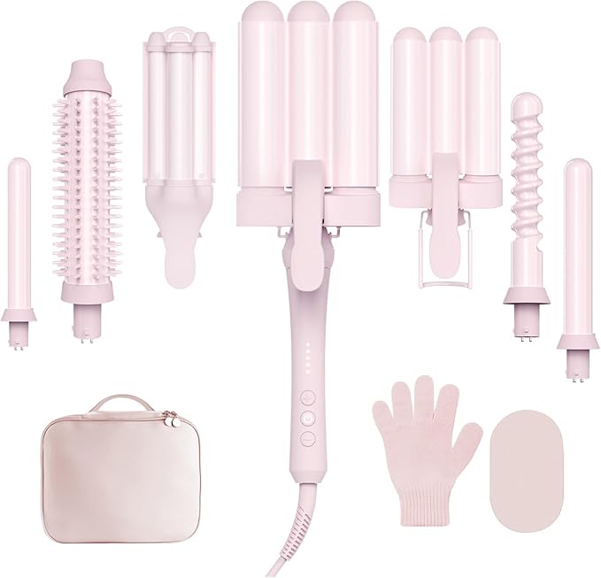Curling Iron Set 7-in-1 Curling Wand Set with 7 Interchangeable Barrels Included A Heated Round Brush 3 Hair Crimper Ceramic Coating Protect Hair with Gift Package (0.6-1.25) Pink