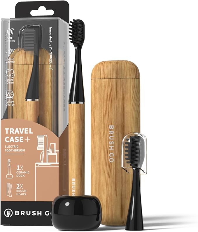 MIPOW Brush GO SlimPro i4 Electric Toothbrush Rechargeable Smart Ultra Sonic 3 Modes Travel Case &amp Ceramic Dock 60Day Battery Soft Bristles 2 Heads IPX7 Waterproof Color-Woodgrain Edition