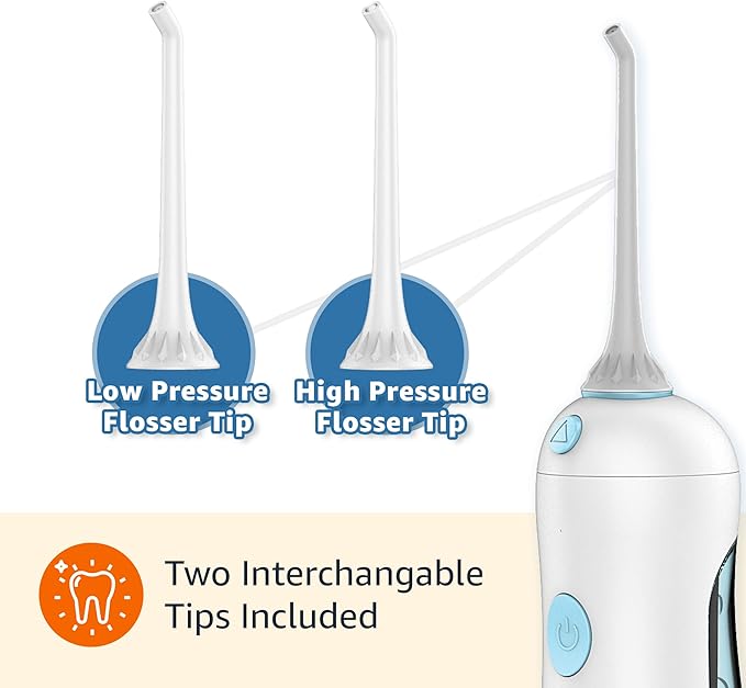 Amazon Basics HydroClean Portable Cordless Water Flosser for Teeth and Gums 2 Pressure Tips Removable Tank 30 Seconds Water Capacity 2 AA Batteries Included