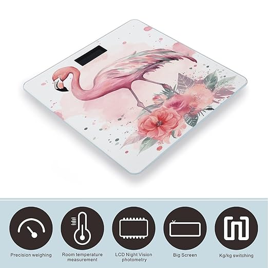 Vintage Boho Flamingo Florals Bathroom Scale Automatic Power On/Off Body Scales LCD Backlight Display Square Digital Scale Rounded Corners Bathroom Scales for Home Bedrooms