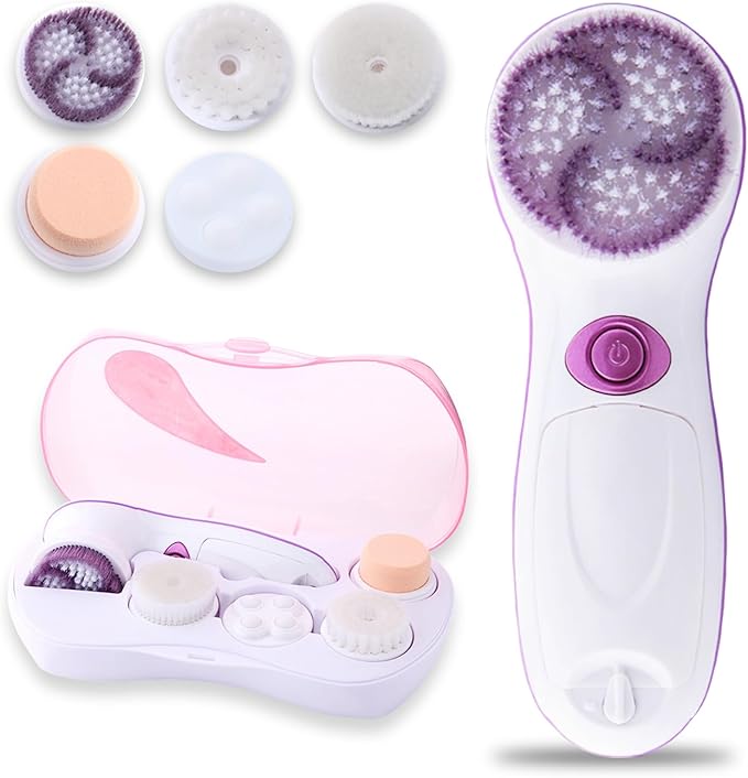 5 in 1 Electrical Facial Cleansing Brush Multi-Function Face Wash Brush with Travel Case and 5 Brush Heads Portable Face Scrubber with 2 Adjustable Speeds for Skin Cleaning and Exfoliating (Purple)