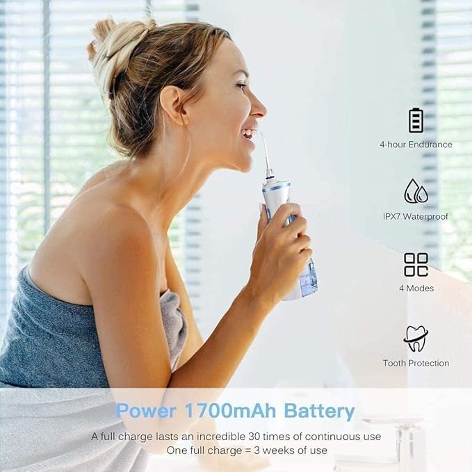 Professional Cordless Rechargeable Dental Oral Irrigator Ultra Water Jet for Teeth Braces Care IPX7 Waterproof 240ML Water Tank for Travel and Home Use