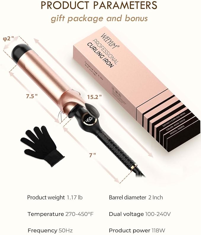 Large Curling Iron 2 Inch Ceramic Long Barrel Hair Curling Wand Hair Styling Tool Dual Voltage LCD Display Black