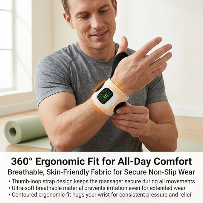 Rechargeable Adjustable Electric Wrist Massager Portable Cordless Hand Massager with Heat and Compression 10 Modes 29 Intensities Wearable Heating Pad fo Sports (White)