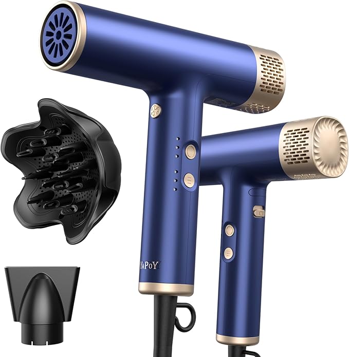 YAPOY Professional Hair Dryer with Diffuser Fast Drying 200 Million Ionic Blow Dryer with 110 000 RPM High-Speed No Heat Damage Intelligent Thermo-Control Low Noise Blue