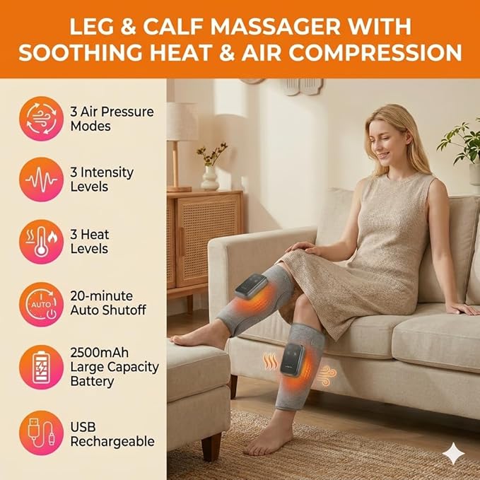 Cordless Leg Massager with Heat and Air Compression Rechargeable Calf Massager for Daily Relaxation 3 Modes &amp Intensities Gifts for Men Women Athletes &amp Seniors (2 Pack)