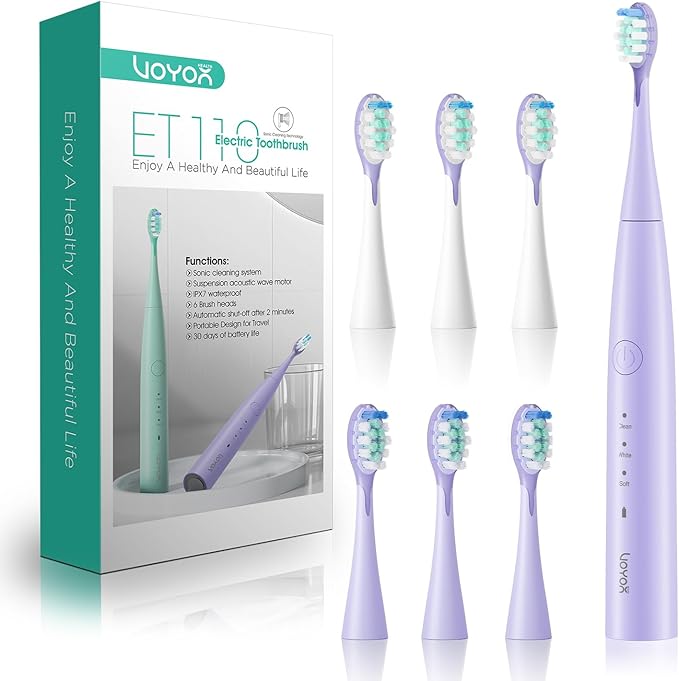 VOYOR-HEALTH Sonic Electric Toothbrush for AdultsTooth Brushes with 6 Brush Heads70-Day Battery LifeIPX7 Waterproof Rechargeable Travel Toothbrushes with 3 Modes for Family Use ET110(Purple)