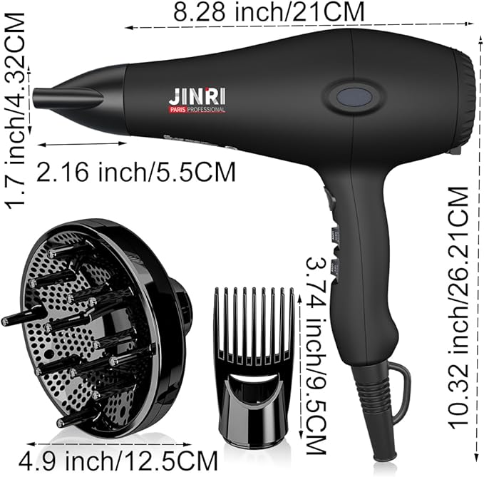 Blow Dryer - JINRI 1875W Diffuser Hair Dryer for Salon &amp Personal Use – Powerful Fast Drying with Diffuser Comb &amp Nozzle for Women &amp Men with ALCI Safety Plug Black