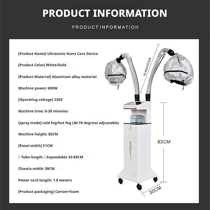 Nano Hair Steamer with Vaporizing Caps Standing Professional Micro Mist Hair Processor with Rolling Wheels(Milk)
