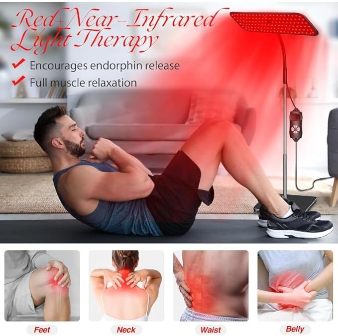 Body and Facial red Light Therapy 660nm 850nm Infrared red Light Treatment lamp Equipment extendable Floor-Standing Type with a Large Panel and a Stable Stand at Home.