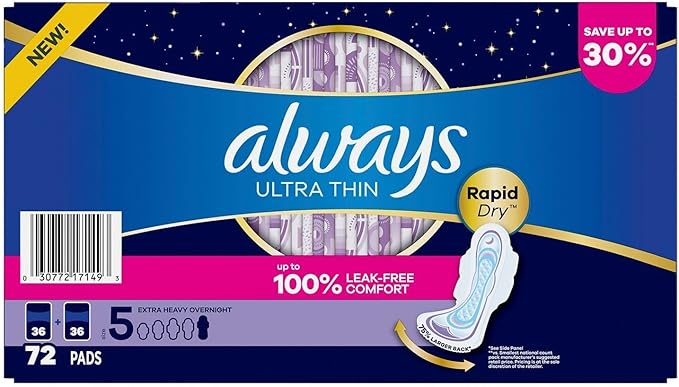 Always Ultra Thin Extra Heavy Overnight Pads with Wings Size 5 72 Count