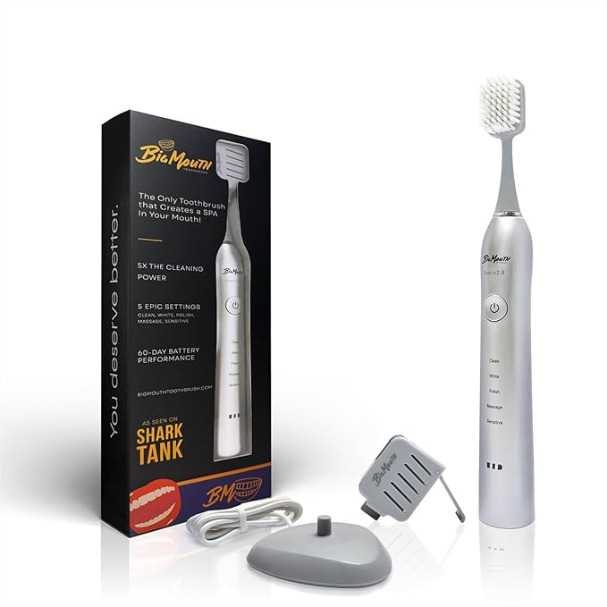 BIG MOUTH TOOTHBRUSH Dr Bobbi Electric Toothbrush for Adults | Ultrasonic Rechargeable Toothbrush with 5 Cleaning Modes &amp 2-Minute Smart Timer | Retains 42-Day Battery | Travel-Friendly Platinum