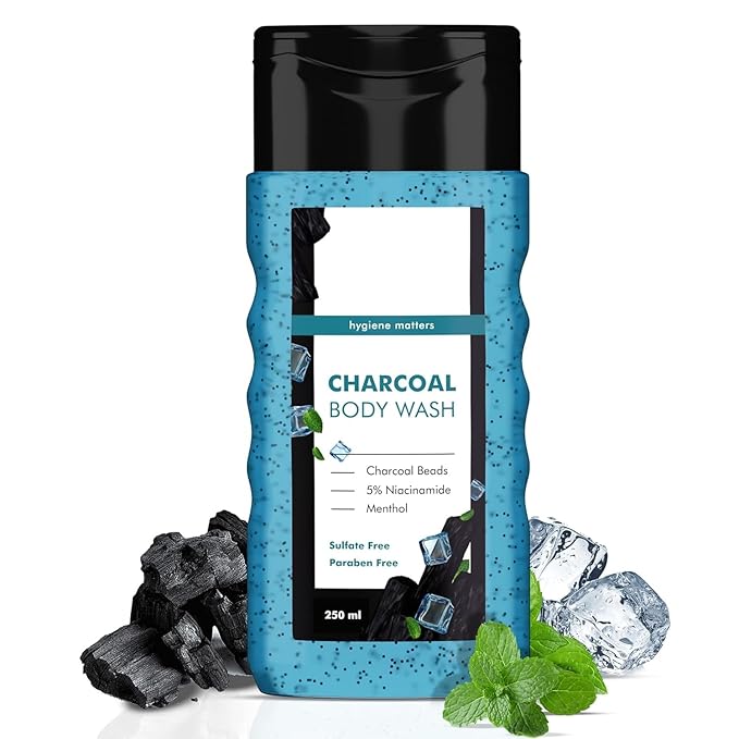 JB 3 in 1 Action Charcoal &amp Menthol Body Wash | With Menthol 5% Niacinamide &amp Activated Charcoal Beads | For Instant Cooling Odor Protection &amp Improves Skin texture | 250ml