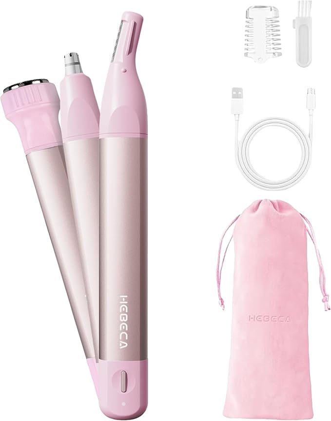 Nose Hair Trimmer for Women 3in1 Facial Hair Removal Trimmer - Metal Body Rechargeable Waterproof Portable - Nose Ear Eyebrow Peach-Fuzz Lips Chin (Pink)