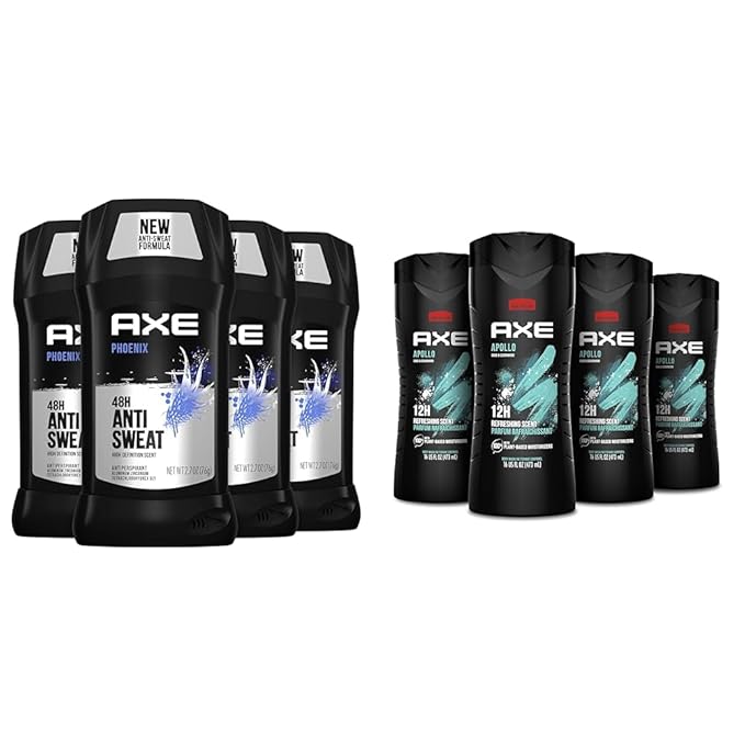 AXE Antiperspirant Deodorant for Men Phoenix 4PK 48H Sweat &amp Body Wash Apollo 4 Count for Long Lasting Freshness Sage &amp Cedarwood Men's Body Wash with Odor-Busting Prebiotics 16 oz