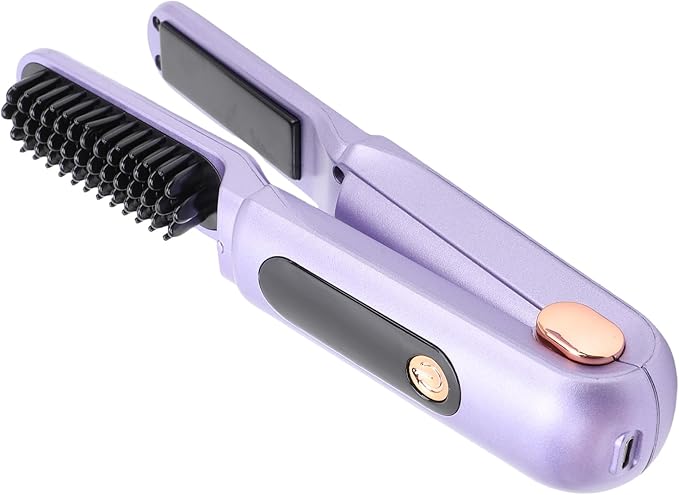 YUYTE Hair Straightener Brush for Women: 2 in 1 Curling &amp Straightening Brush with Dust Cover Ceramic Hot Comb with 3 Temps for Hair Styling (Purple)