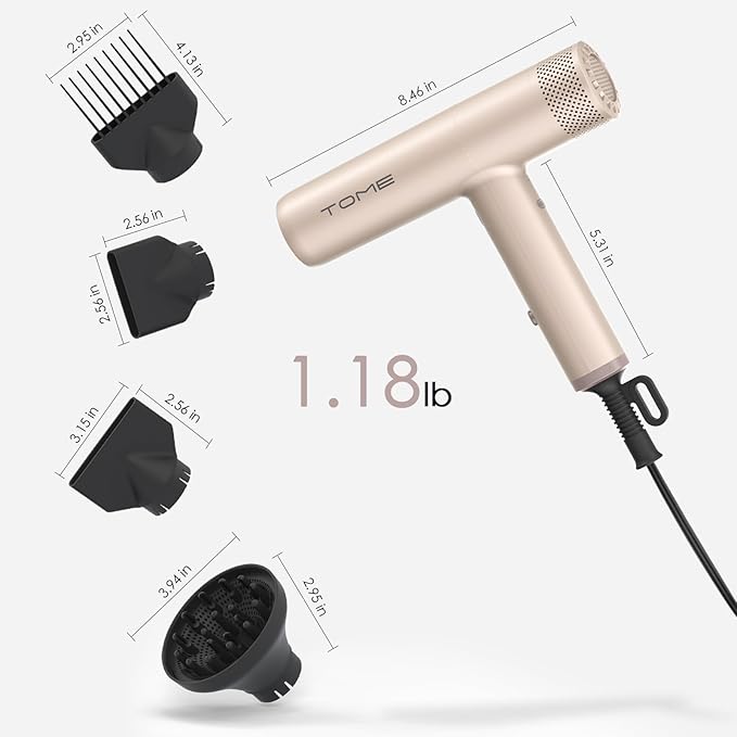 TOME Hair Dryer 1875W High-Speed EC Motor 100000 RPM Ionic Blow Dryer Salon Performance for Precision Styling Cool Shot Lock 3 Heat 3 Speed 2 Nozzles Comb Nozzle Diffuser 125V (Pink)