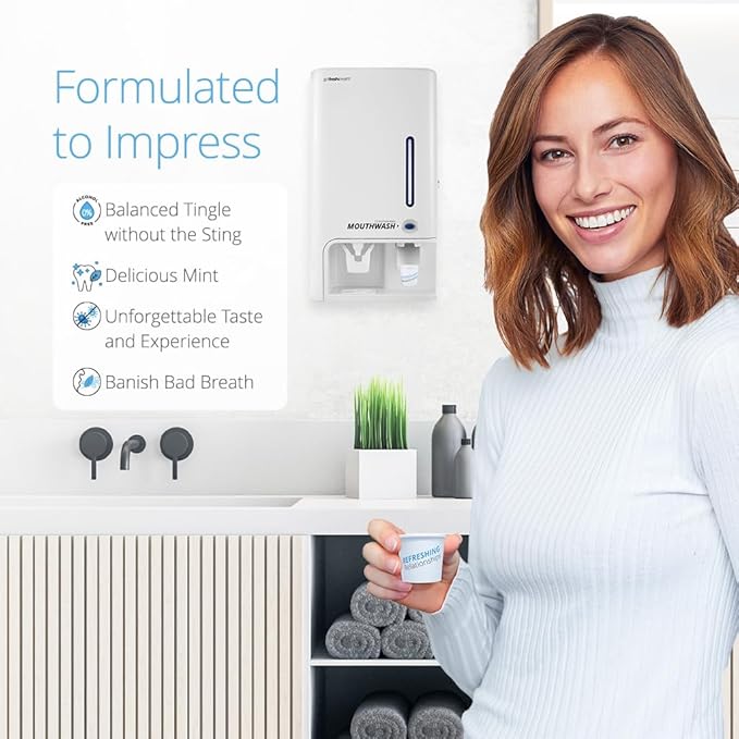 GotFreshBreath Commercial Mouthwash Dispenser with Cup Holder – Standing or Wall-Mounted Slim Commercial Mouthwash Dispenser with 100 Cups &amp 50 Oz. Alcohol-Free Mouthwash (White)