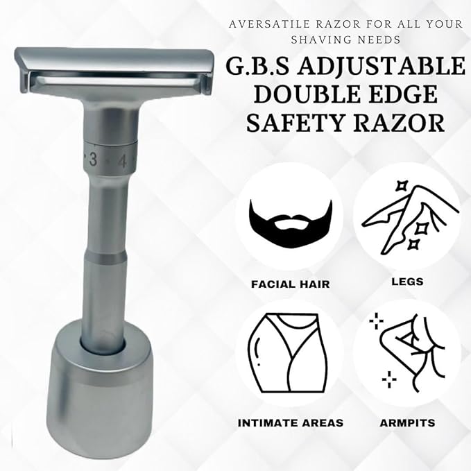 G.B.S Chrome Adjustable Men's Double Edge Safety Razor with Blades Stand and 10 G.B.S Platinum Blade Refills