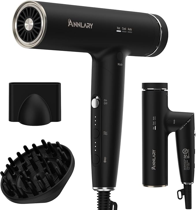 Annlary Hair Dryer Blow Dryer with Diffuser for Curly Hair | Plasma Ionic Hairdryer for Frizz Control | Low Noise | Foldable for Travel | 6.5Ft ALCI Cord | Magnetic Nozzle for Faster Drying