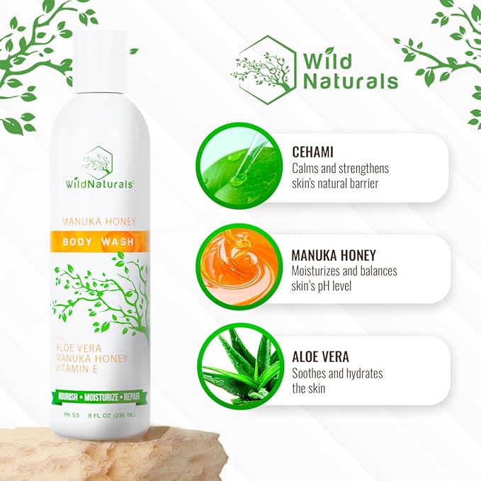 Manuka Honey Eczema and Psoriasis Body Wash – Organic Natural Body Wash with Aloe Vera Cehami and Manuka Honey – Plant-Based Sulfate-Free Cruelty-Free Skincare