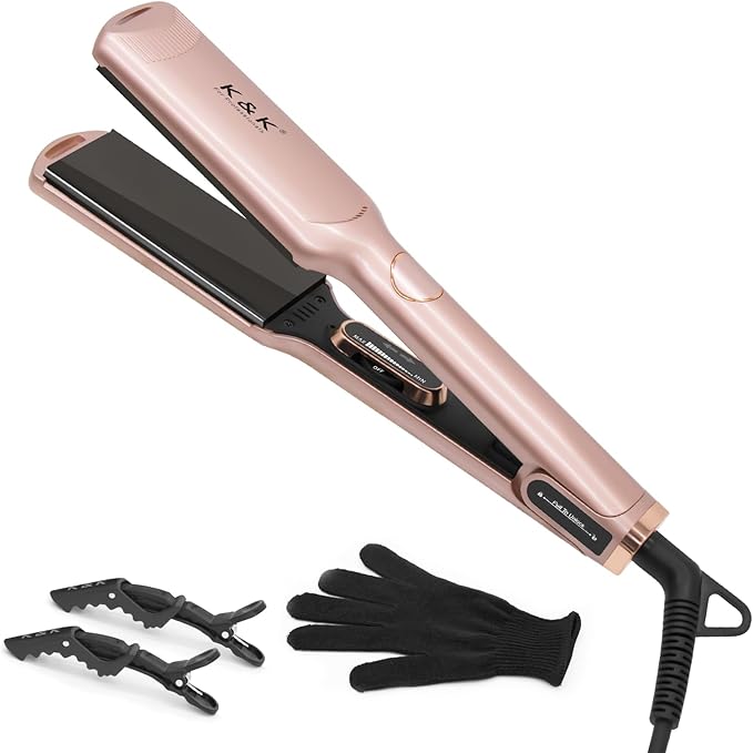 K&ampK 1 3/4 inch Flat Iron Hair Straightener with Electroplate Titanium Adjustable Temp High Heat 450 Degrees 30s Instant Heats up Tourmaline Ionic with PTC Technology Auto Shut Off（Pink