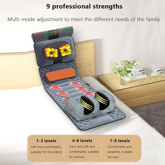 Back Massager Heated Massage Seat Cushion Nine-Level Intensity Adjustment 10/20/30 Minute Timer 10 Vibration Motors Leg and Foot Kneading Foldable Suitable for Home and Office Use