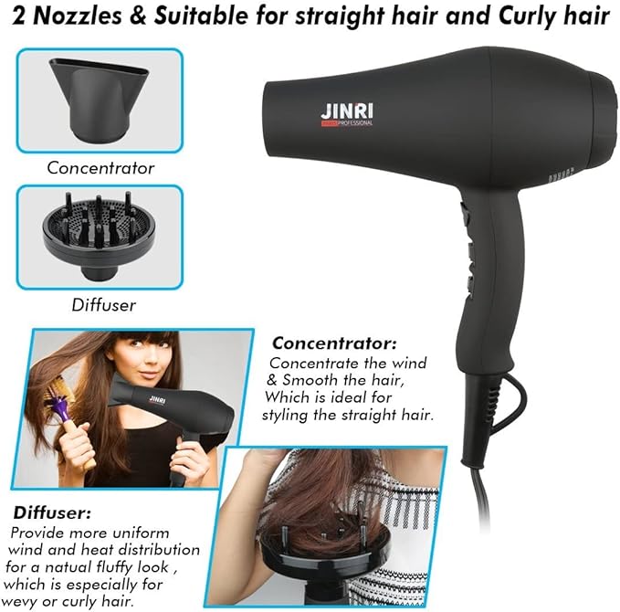 JINRI Hair Dryer 1875W 3 Heat &amp 2 Speed with Diffuser with Concentrator Ionic Technology &amp Infrared - Black Detachable Air Intake Hanging Strap Non-Foldable 125V JINRI-104