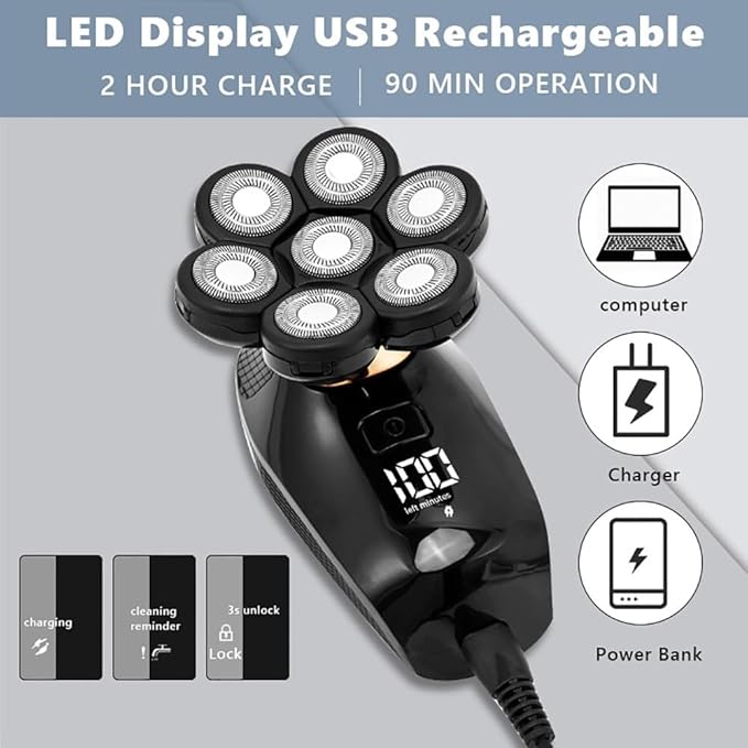 Head Shavers for Bald Men 5 In 1 Electric Shaver Razor For Men's Trimmer Wet And Bald Head Dry Razor 7D Head Waterproof LED Display Machine For Shaving