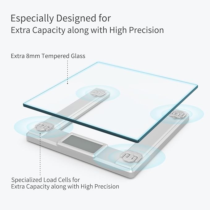 Vitafit 550lb Digital Bathroom Scale for Body Weight and BMI Via Smart APP High Accuracy Assured by Weighing Professional Since 2001 8mm Tempered Glass Extra Large Blue Backlit LCD Silver
