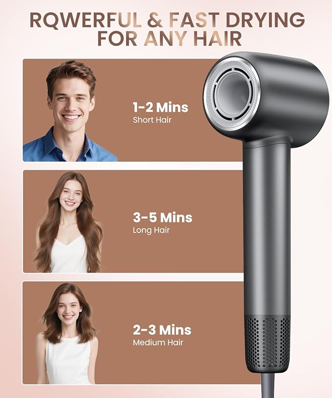 Hair Dryer Professional 140000 RPM High-Speed Brushless Motor Negative Ionic Low Noise Blow Dryer for Fast Drying Thermo-Control Quiet with Magnetic Nozzle for Home Travel Salon UseBlack