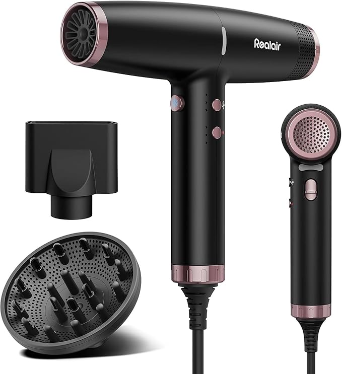 Professional Ionic Hair Dryer with Diffuser - Lightweight Compact Powerful &amp Fast Salon Blow Dryer with High Speed Brushless Motor for Travel Women &amp Men Ceramic Black JQ801
