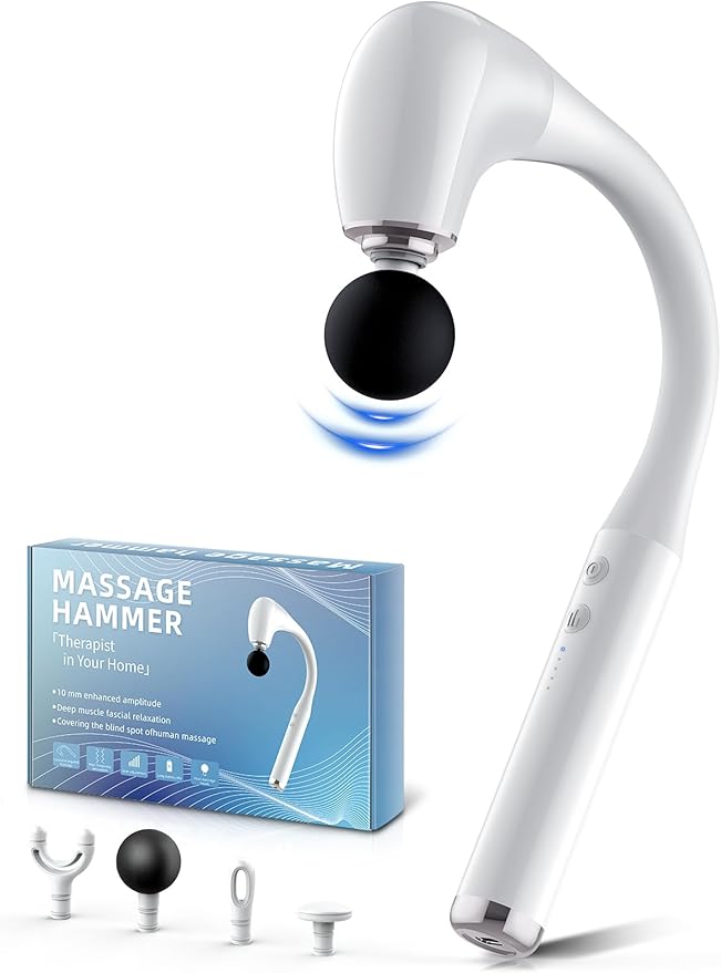 FVZ White Percussion Massage Gun with Upgraded Extension Handle 10MM Massage Gun Deep Tissue Muscles/Neck/Shoulders/Waist/Legs Massager Portable for Pain Relief