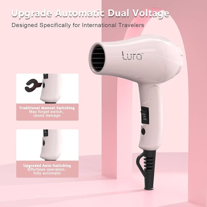 LURA Smart Dual Voltage HairDryer: Mini Travel Hair Dryer for Women1200w Small Portable Blow Dryer with Pouch for Gym(Pink)
