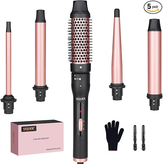 5 in 1 Curling Wand Set - SIQUER Curling Iron Set 1/2 to 1 1/4 Inch Beach Waves Wands 1 1/2 Inch Thermal Brush Fast Heating Up Hair Curlers for Women with Protective Gloves Clamps (Rose Black)