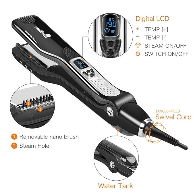 Professional Steam Hair Straightener Electric Fast Steam Hair Straightener Brush Titanium Ceramic Flat Iron with Anti-Static Technology and Digital Controls Suitable for All Hair Types (Black)