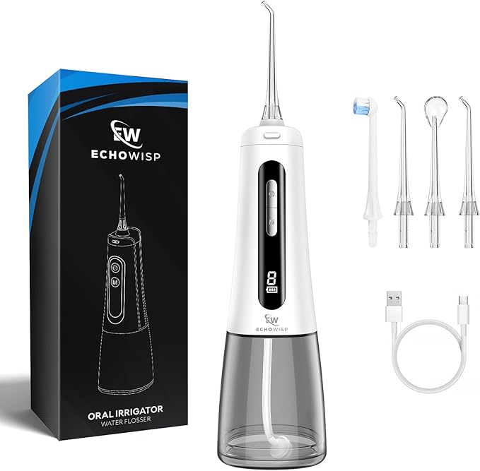 Rechargeable Water Flosser for Teeth 300ML Oral Irrigator with 4 Nozzles 2000mAh Battery IPX7 Waterproof 360° Rotating USB Charging Portable Cordless Dental Cleaner for Braces &amp Gum Care (Wh